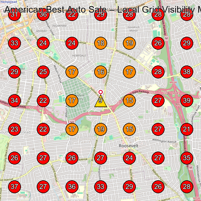 American Best Auto Sale GeoGrid visibility map for Used Car Dealer in Uniondale